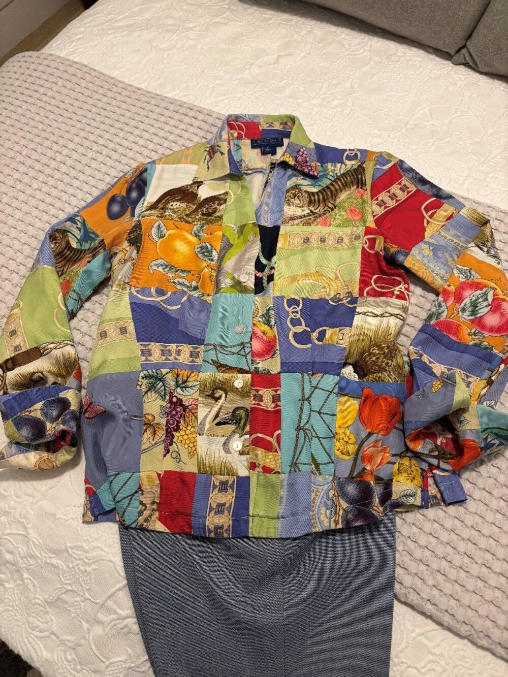 J.McLaughlin Silk Blouse Size 6 Patchwork Equestrian Print Designer Top